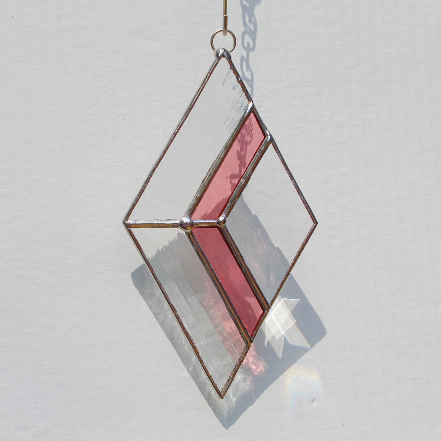 Small Diamond Stained Glass Suncatcher – Silver Finish, Faceted Bevel & Rose Accent