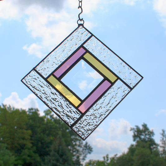 Small Square Stained Glass Suncatcher – Silver Finish, Faceted Bevel & Rose and Golden Yellow Accent