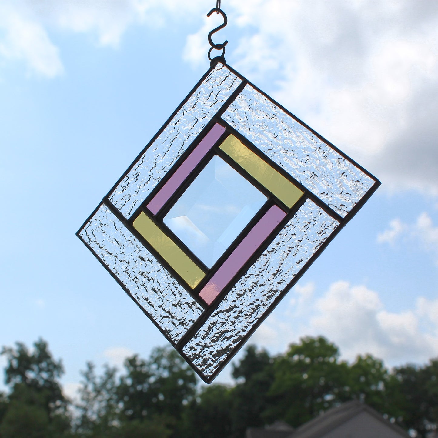 Small Square Stained Glass Suncatcher – Silver Finish, Faceted Bevel & Rose and Golden Yellow Accent