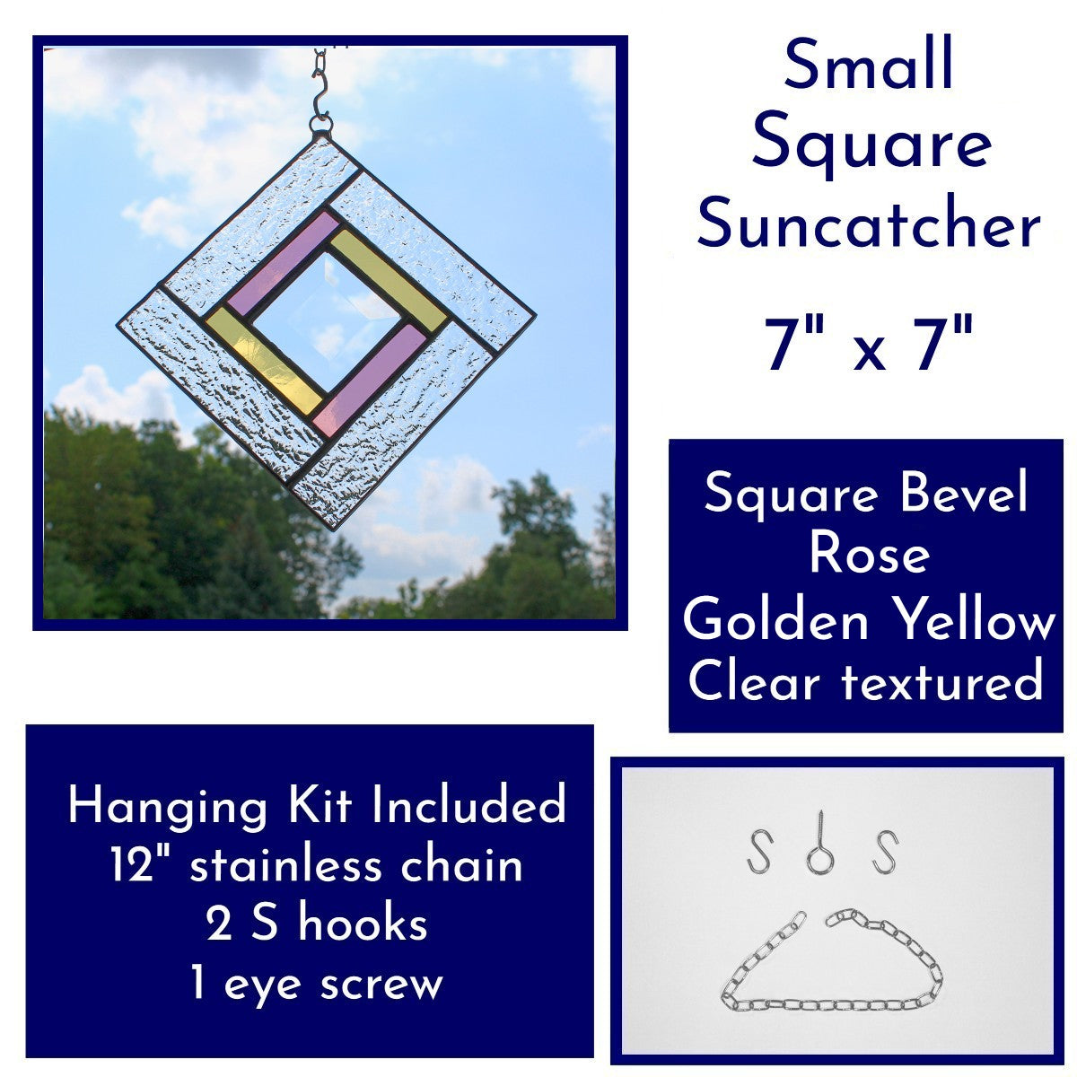 Small Square Stained Glass Suncatcher – Silver Finish, Faceted Bevel & Rose and Golden Yellow Accent