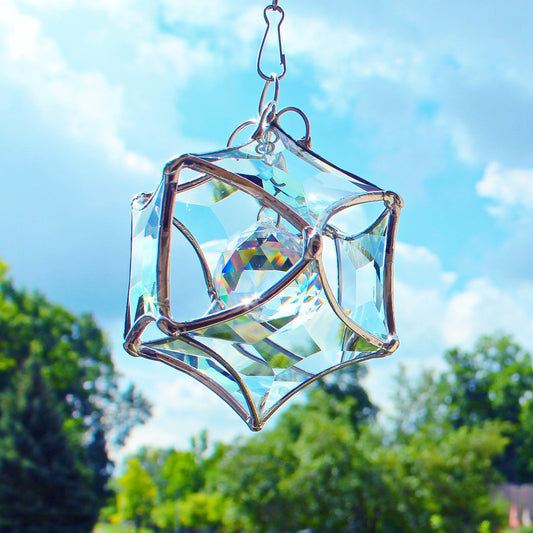 Stained glass star suncatcher. Silver finished faceted glass. Sunny window prism maker.