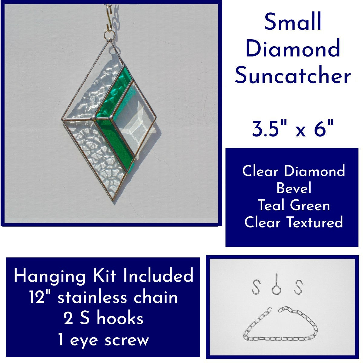Small Diamond Stained Glass Suncatcher – Silver Finish, Faceted Bevel & Teal Green Accent