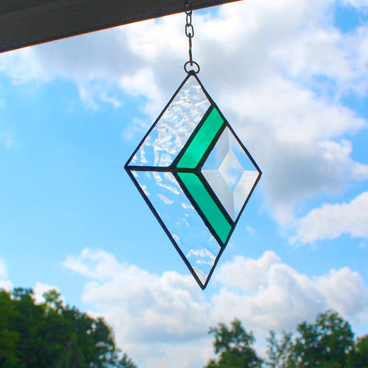 Small Diamond Stained Glass Suncatcher – Silver Finish, Faceted Bevel & Teal Green Accent