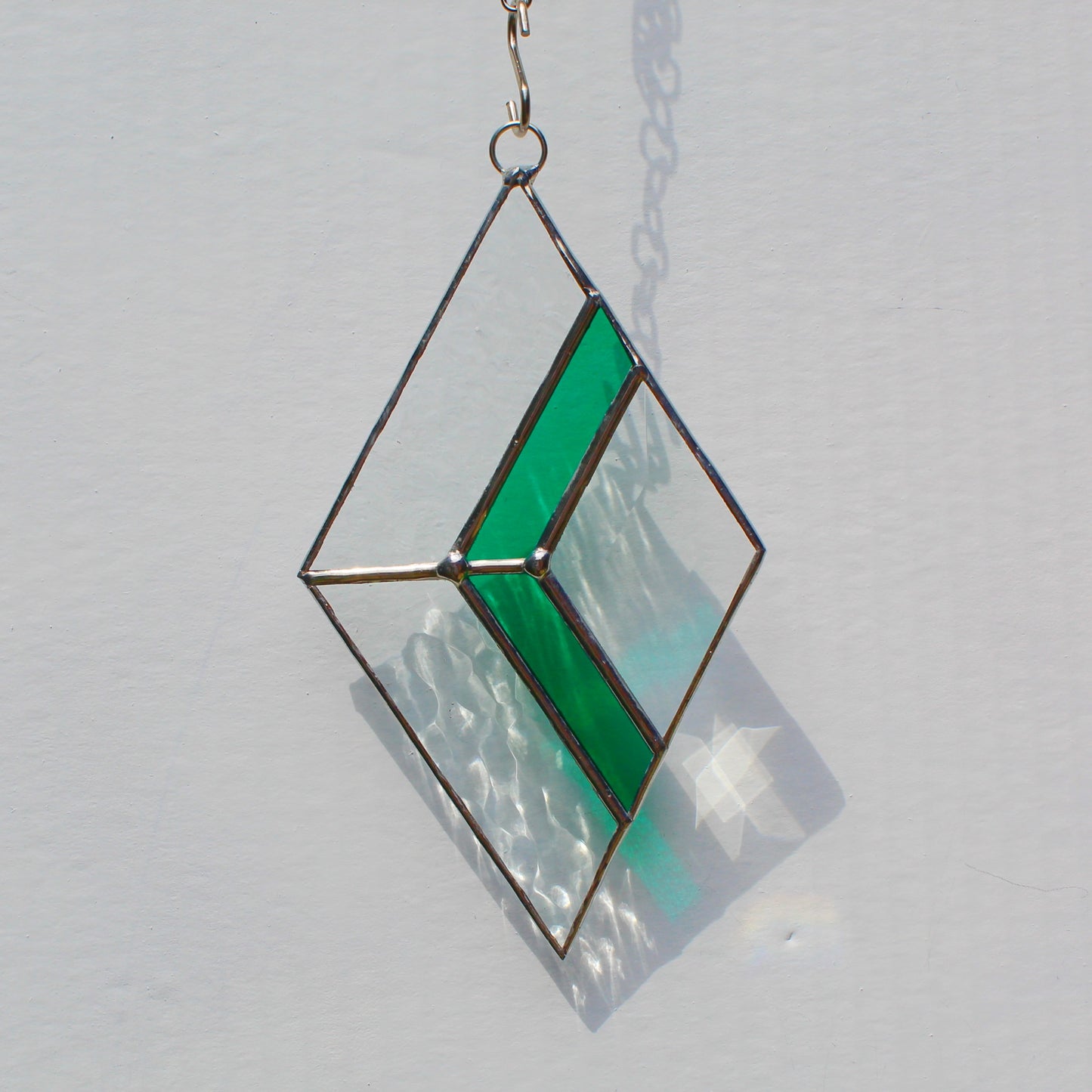 Small Diamond Stained Glass Suncatcher – Silver Finish, Faceted Bevel & Teal Green Accent