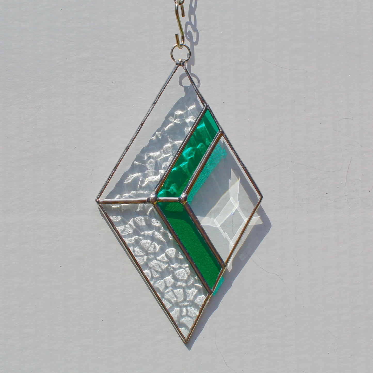 Small Diamond Stained Glass Suncatcher – Silver Finish, Faceted Bevel & Teal Green Accent