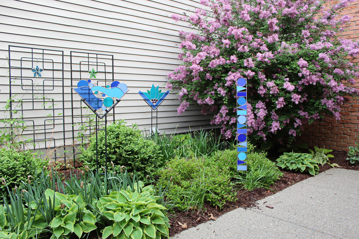 Tall Geometric Shapes Glass Garden Art Stake. Shades of Blue opaque glass.  Unique colorful yard décor.