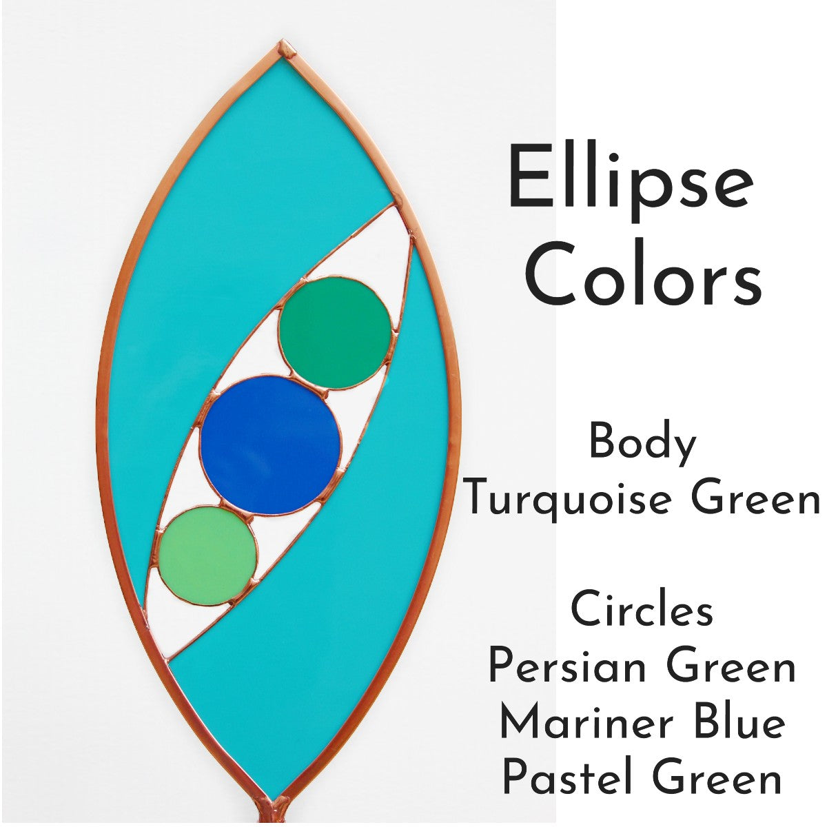 Ellipse shaped glass garden art stake. Turquoise Green. Copper framed. Opaque glass.